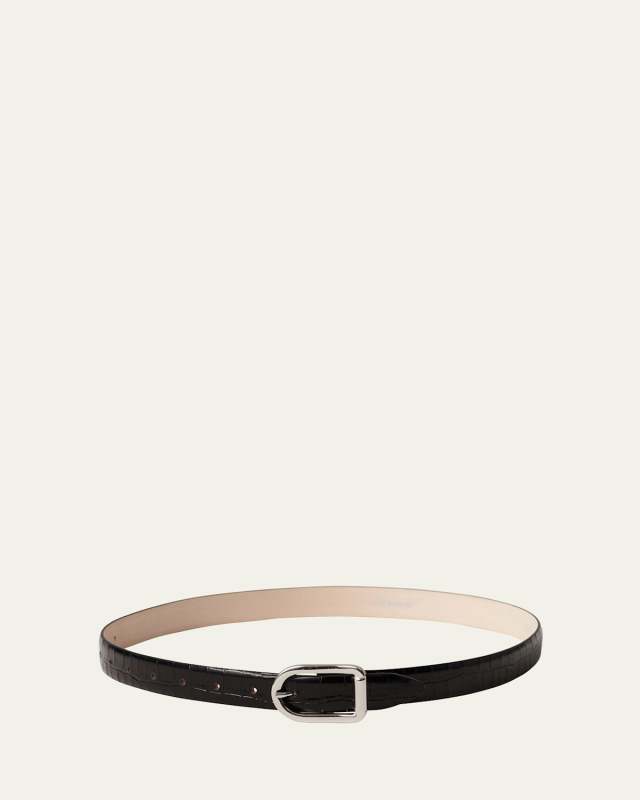 Mija Croco-Embossed Leather Skinny Belt